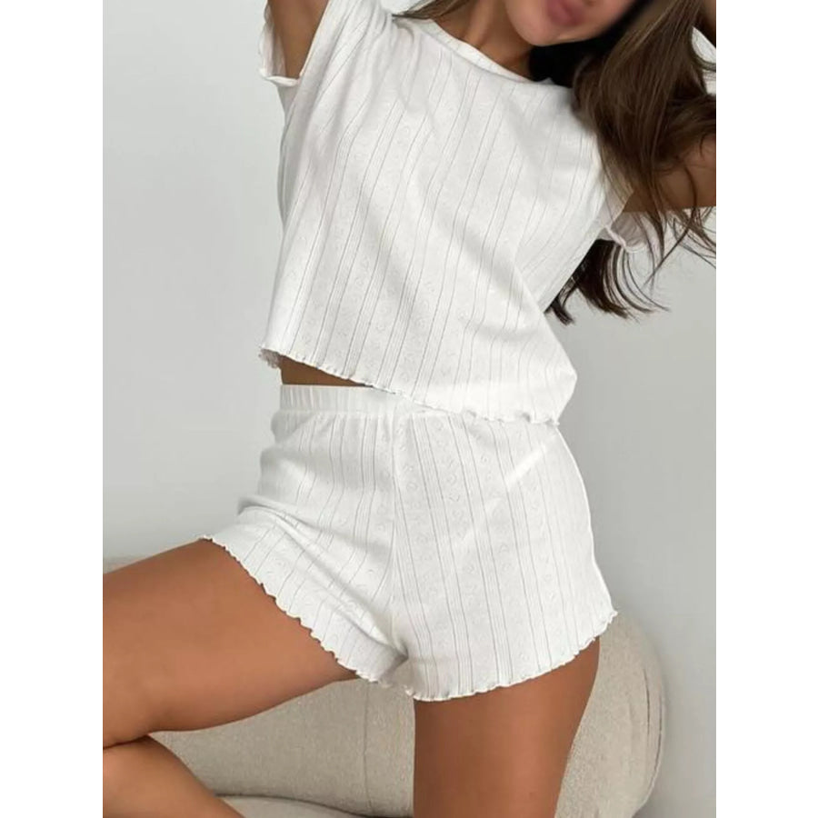 Ribbed Knit Short Sleeve Top and Shorts Lounge Set White / S Apparel Accessories