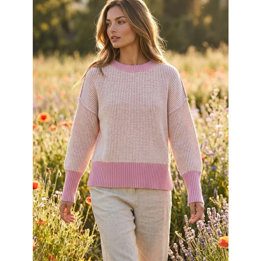 Ribbed Knit Side Slit Sweater Apparel and Accessories