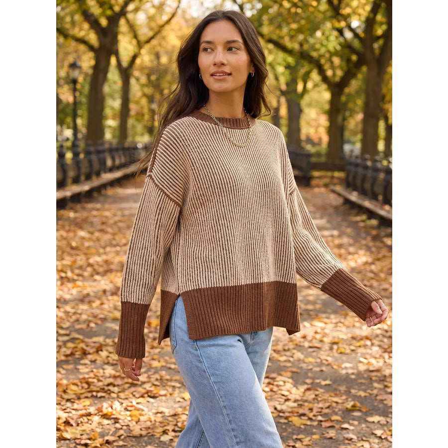 Ribbed Knit Side Slit Sweater Apparel and Accessories