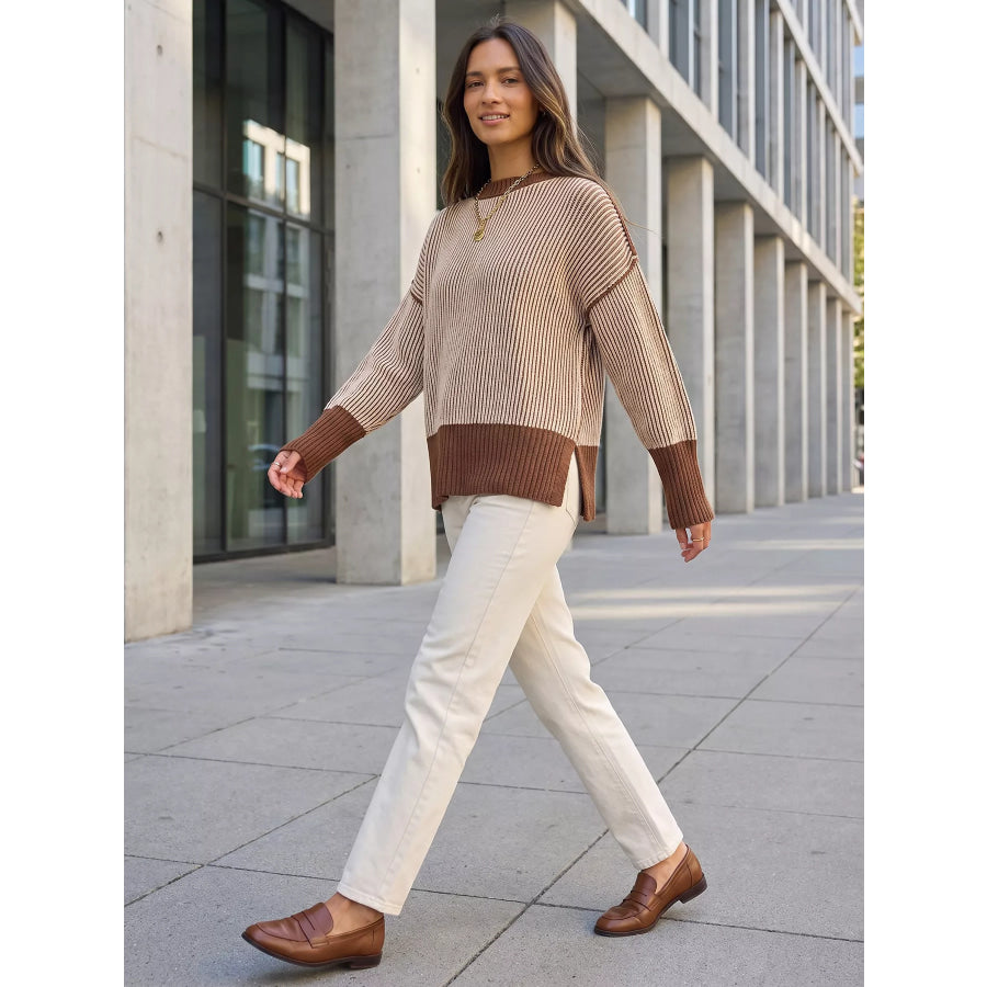 Ribbed Knit Side Slit Sweater Apparel and Accessories
