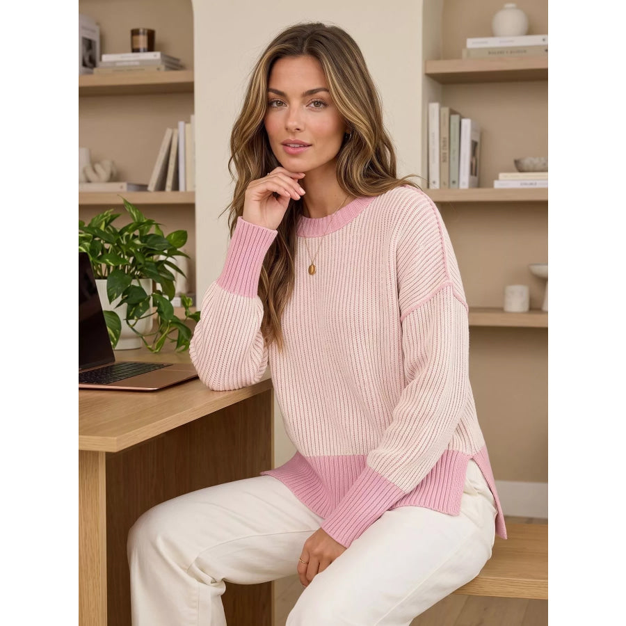 Ribbed Knit Side Slit Sweater Pink / S Apparel and Accessories