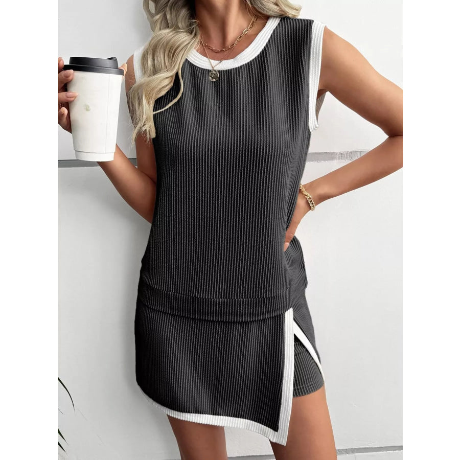 Ribbed Knit Sleeveless Top and Skort Set Apparel Accessories