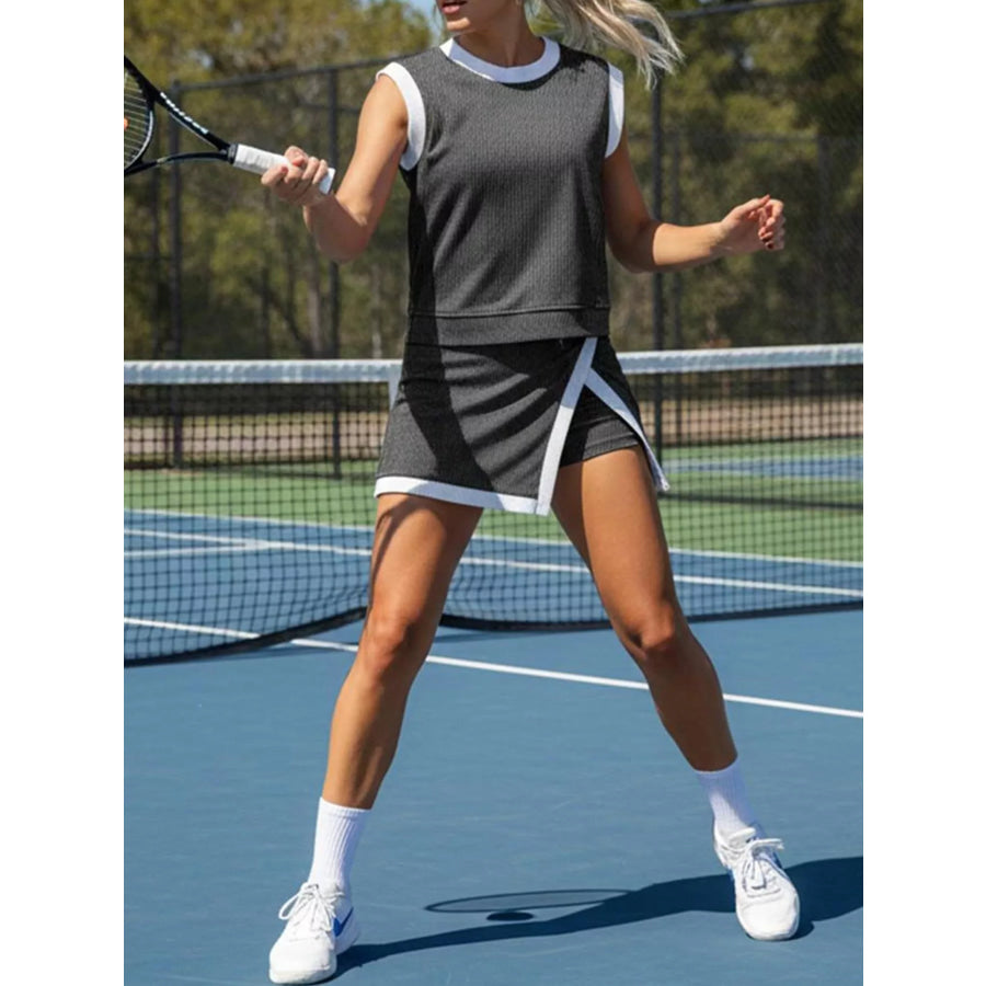 Ribbed Knit Sleeveless Top and Skort Set Apparel Accessories