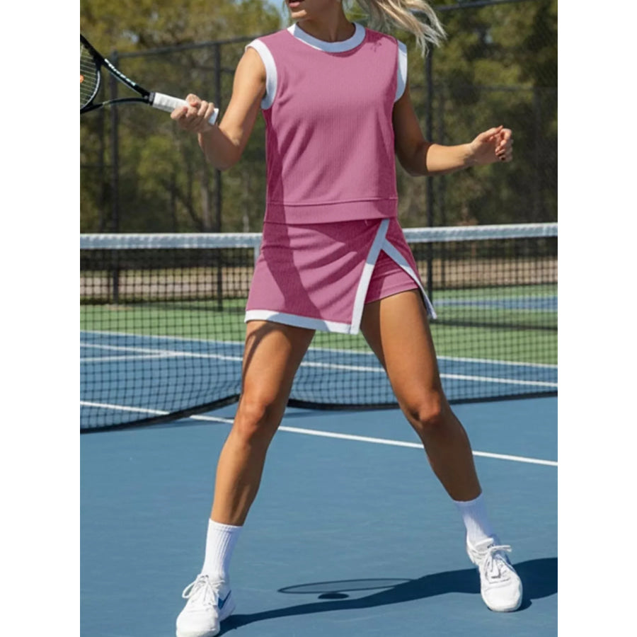 Ribbed Knit Sleeveless Top and Skort Set Apparel Accessories