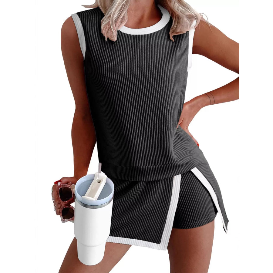 Ribbed Knit Sleeveless Top and Skort Set Black / S Apparel Accessories