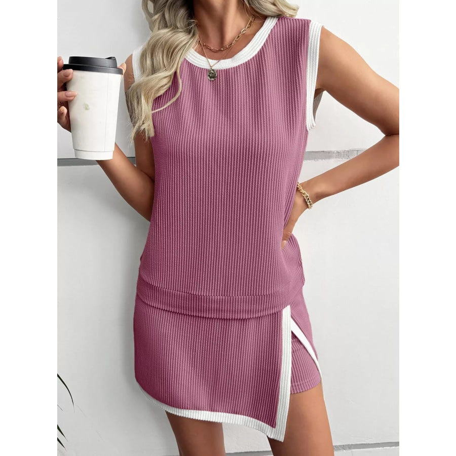 Ribbed Knit Sleeveless Top and Skort Set Purple Red / S Apparel Accessories