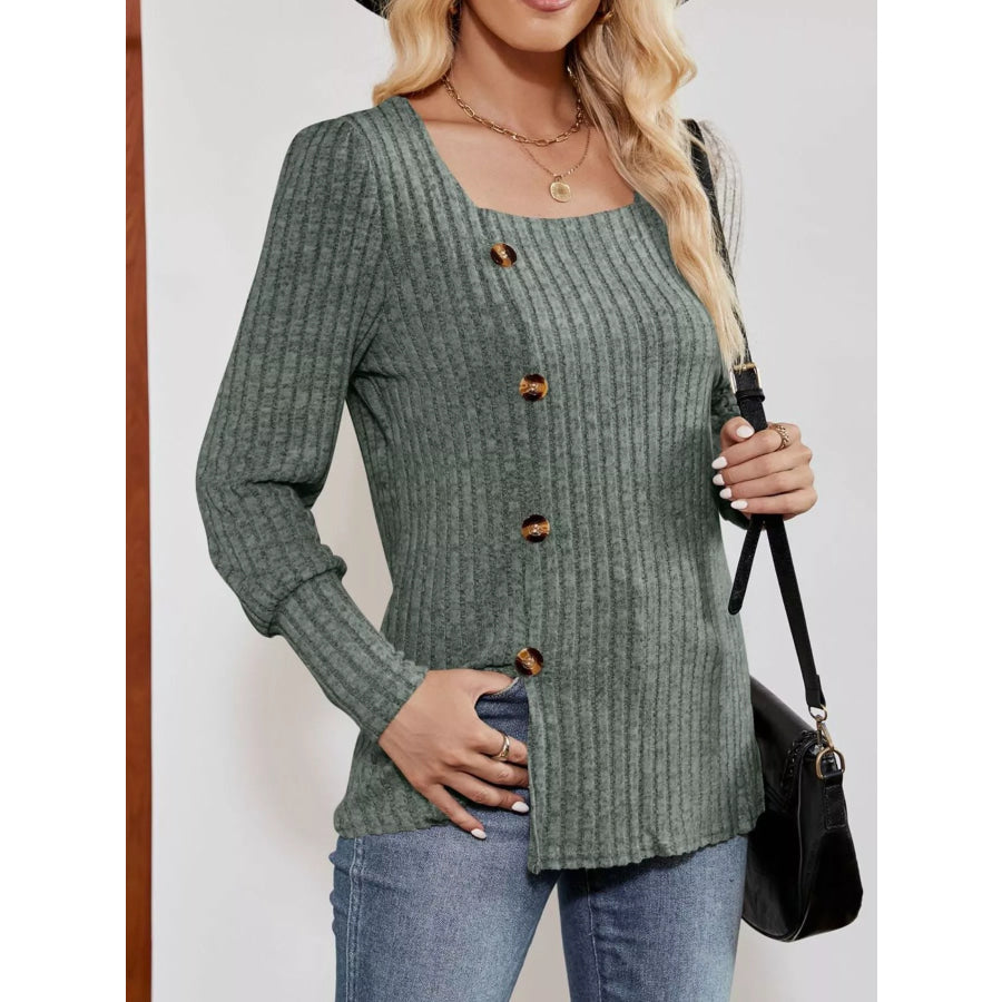 Ribbed Knit Slit Long Sleeve T-Shirt Apparel and Accessories