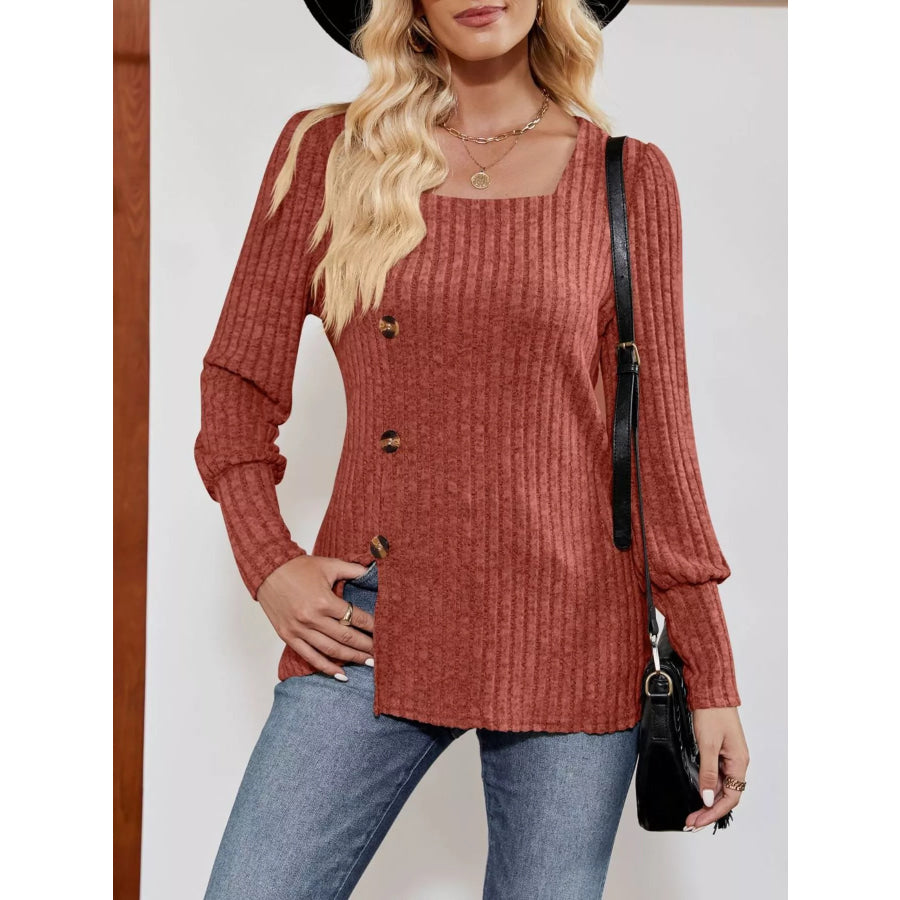 Ribbed Knit Slit Long Sleeve T-Shirt Apparel and Accessories