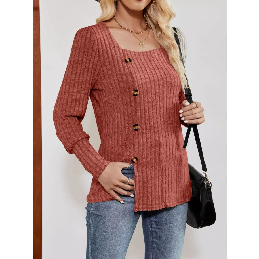 Ribbed Knit Slit Long Sleeve T-Shirt Apparel and Accessories