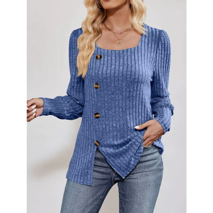 Ribbed Knit Slit Long Sleeve T-Shirt Apparel and Accessories