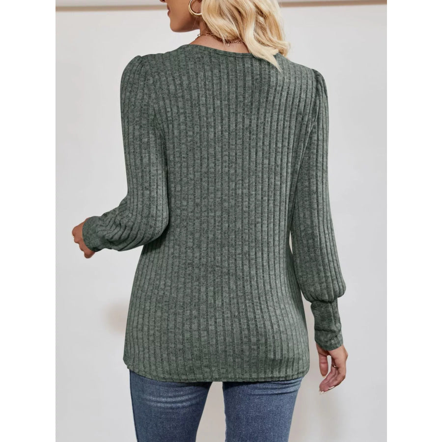 Ribbed Knit Slit Long Sleeve T-Shirt Apparel and Accessories