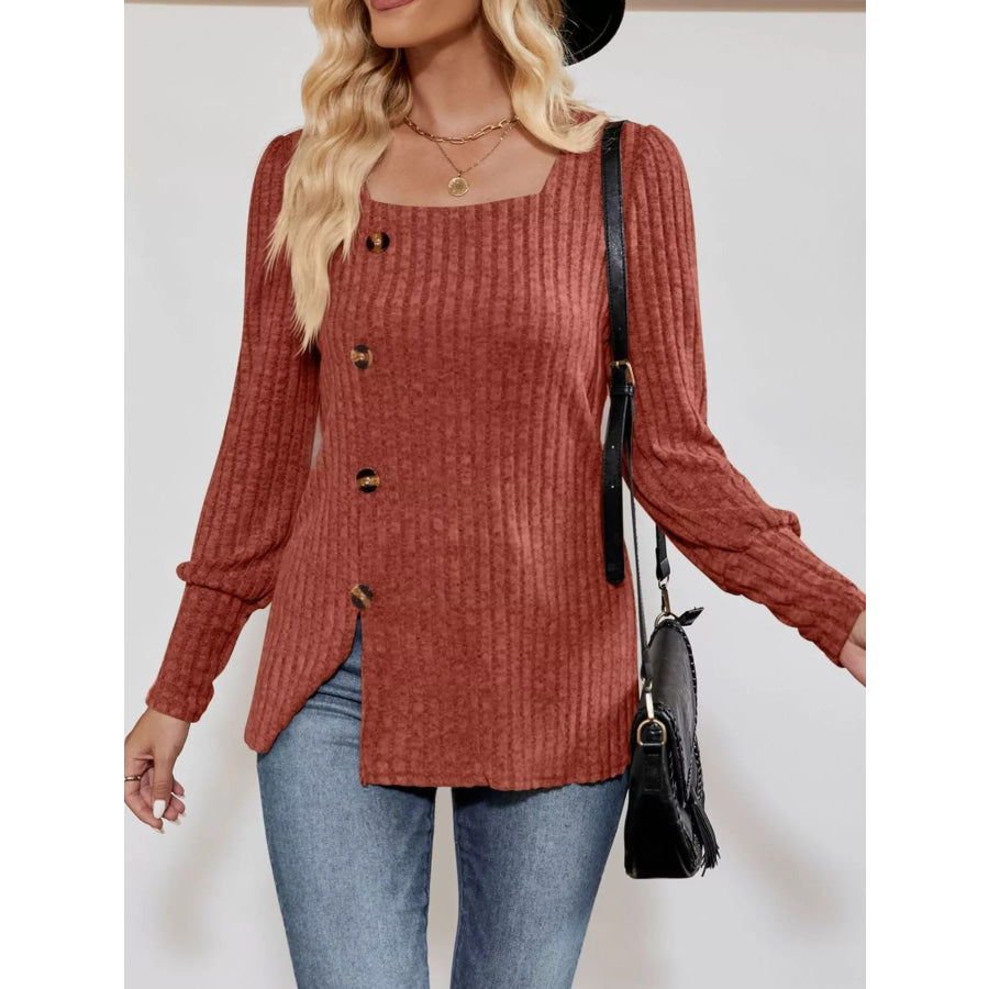Ribbed Knit Slit Long Sleeve T-Shirt Apparel and Accessories