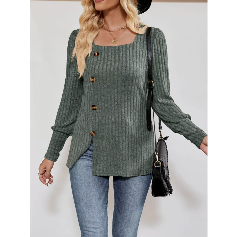 Ribbed Knit Slit Long Sleeve T-Shirt Apparel and Accessories