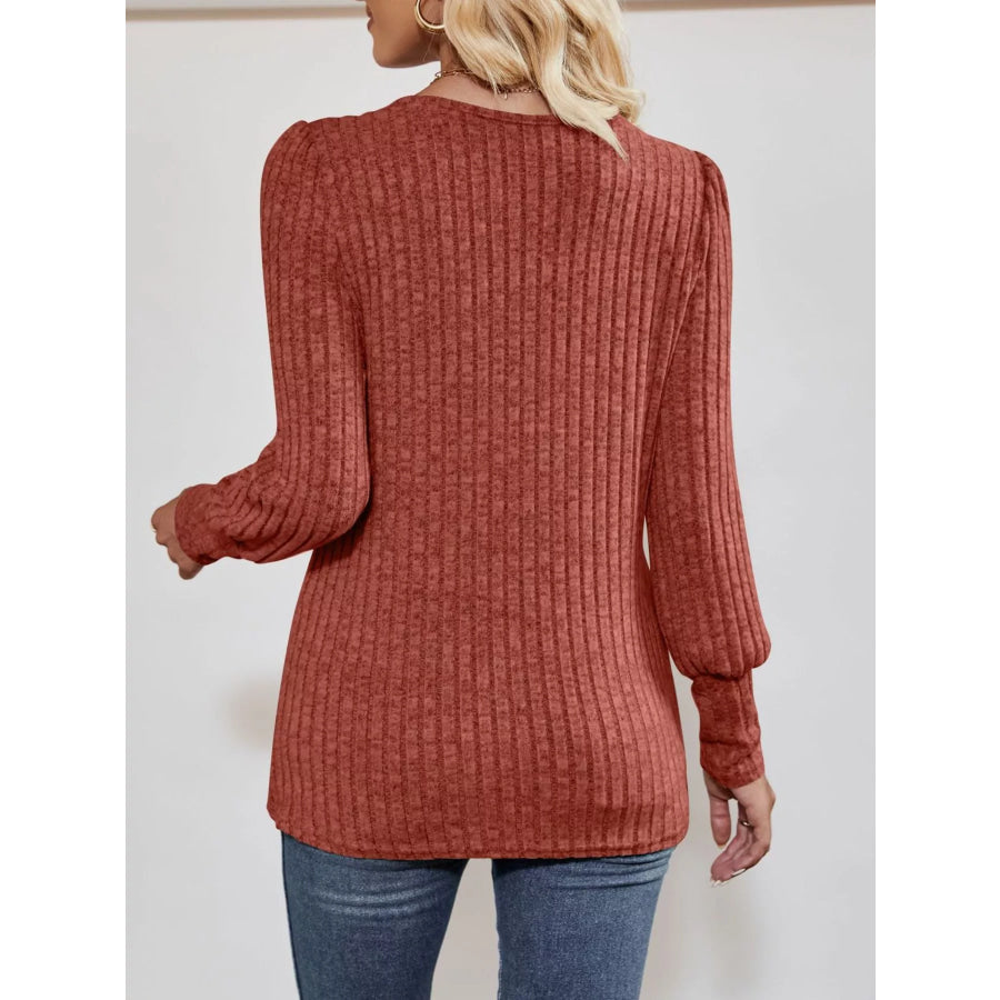 Ribbed Knit Slit Long Sleeve T-Shirt Apparel and Accessories