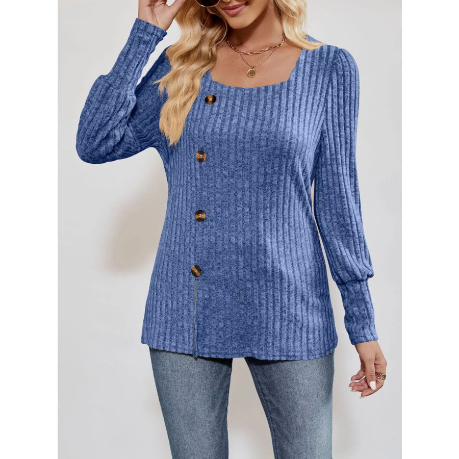 Ribbed Knit Slit Long Sleeve T-Shirt Apparel and Accessories