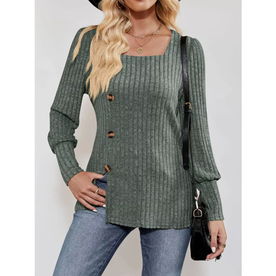 Ribbed Knit Slit Long Sleeve T-Shirt Apparel and Accessories