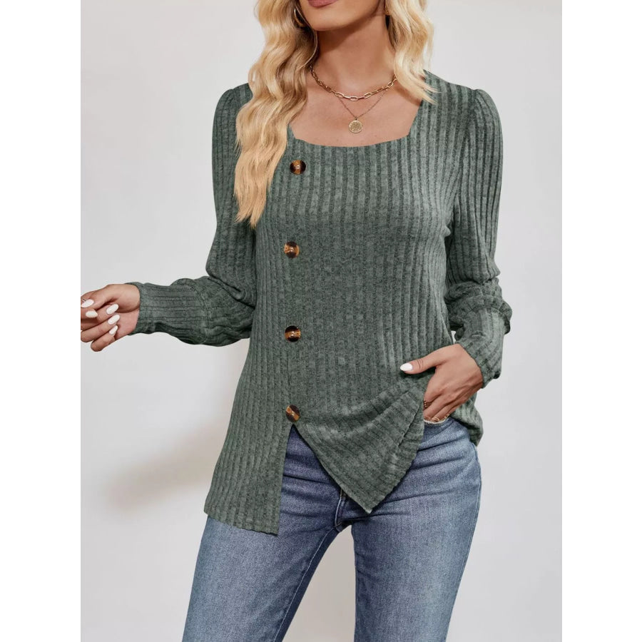 Ribbed Knit Slit Long Sleeve T-Shirt Apparel and Accessories