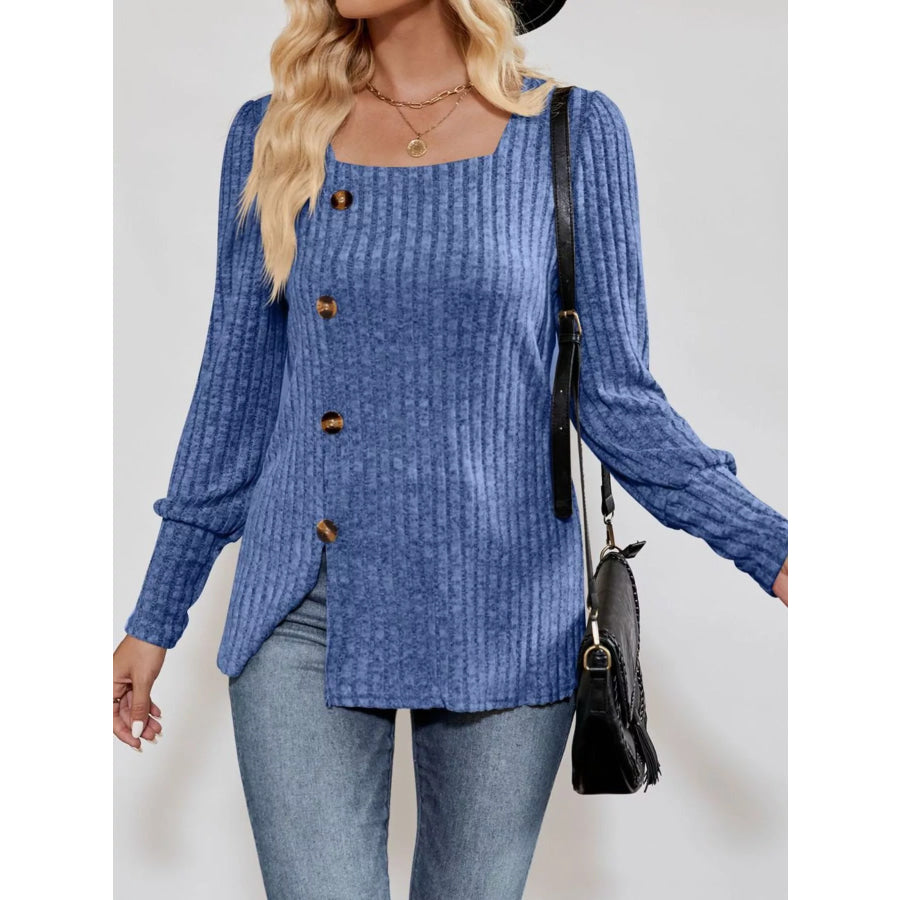 Ribbed Knit Slit Long Sleeve T-Shirt Apparel and Accessories