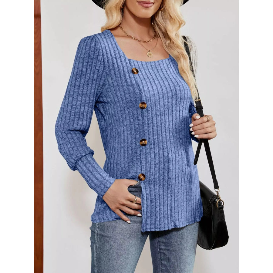 Ribbed Knit Slit Long Sleeve T-Shirt Apparel and Accessories