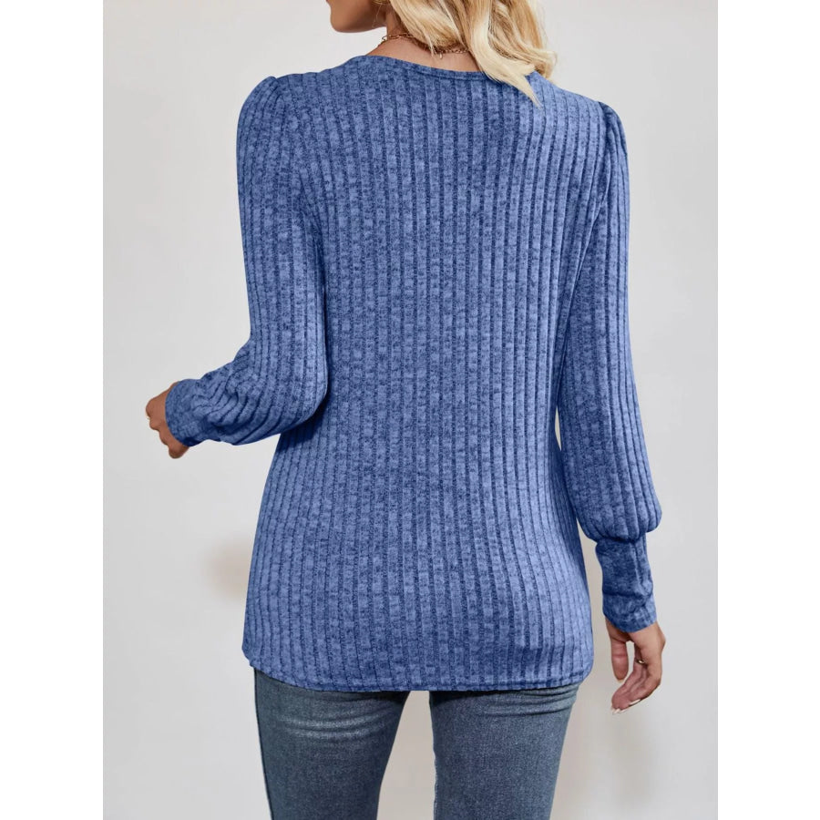 Ribbed Knit Slit Long Sleeve T-Shirt Apparel and Accessories