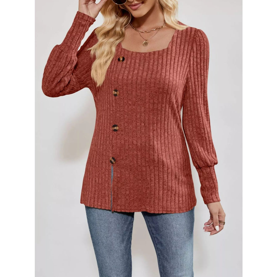 Ribbed Knit Slit Long Sleeve T-Shirt Apparel and Accessories
