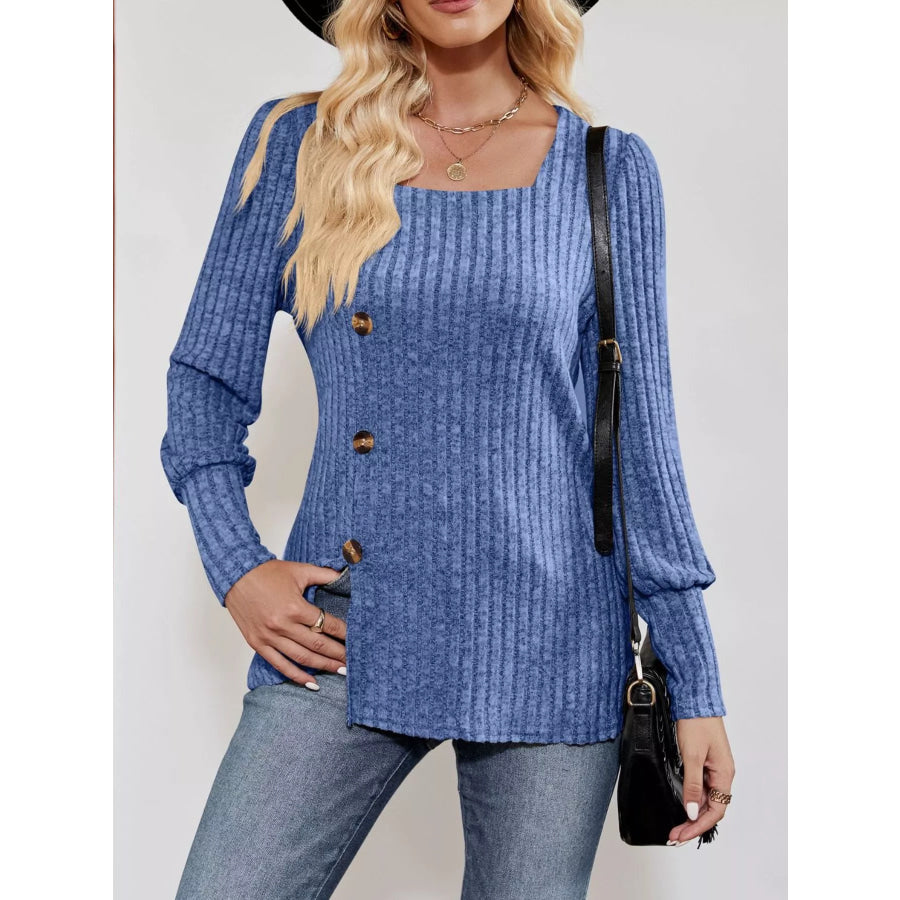 Ribbed Knit Slit Long Sleeve T-Shirt Blue / S Apparel and Accessories