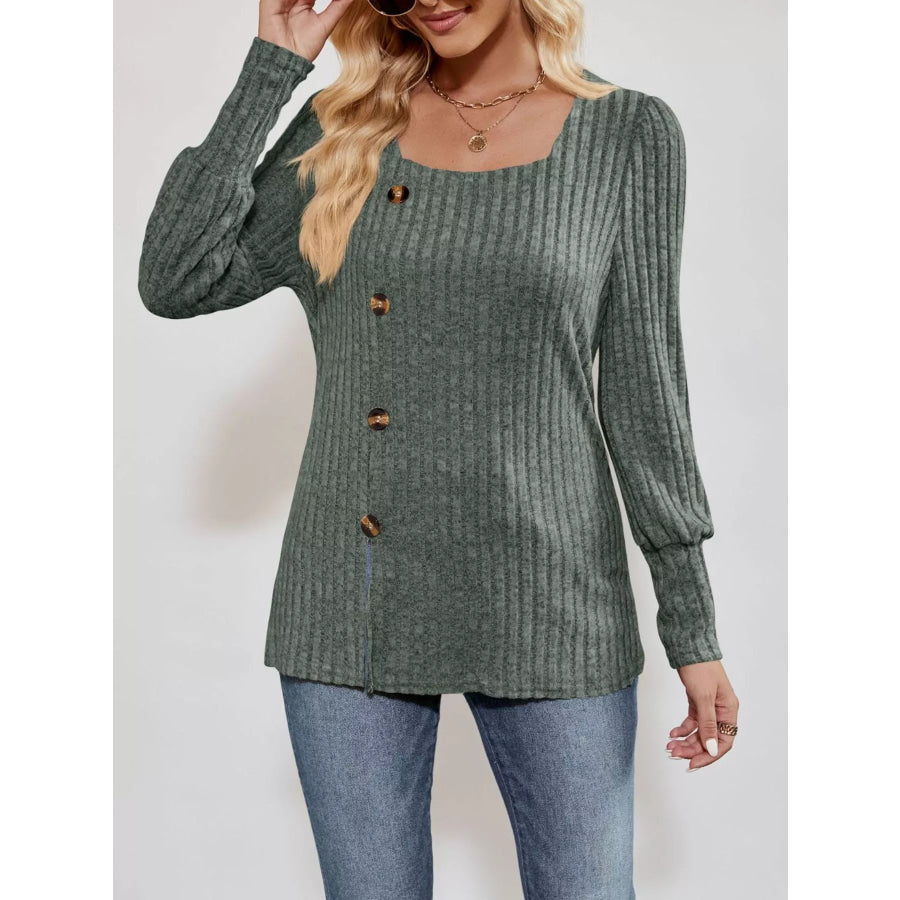 Ribbed Knit Slit Long Sleeve T-Shirt Moss / S Apparel and Accessories