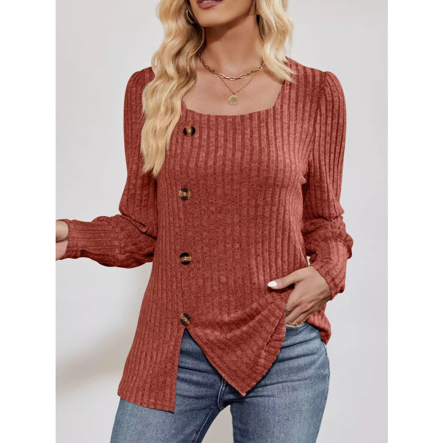 Ribbed Knit Slit Long Sleeve T-Shirt Terracotta / S Apparel and Accessories