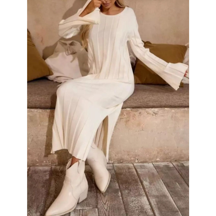 Ribbed Knit Slit Sweater Dress White / S Apparel and Accessories