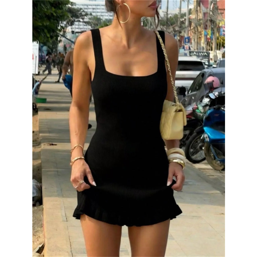 Ribbed Knit Square Neck Sweater Dress Black / S Apparel and Accessories