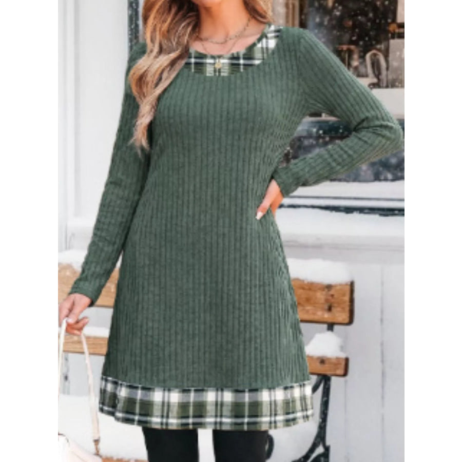 Ribbed Knit Sweater Dress with Plaid Trim Apparel and Accessories