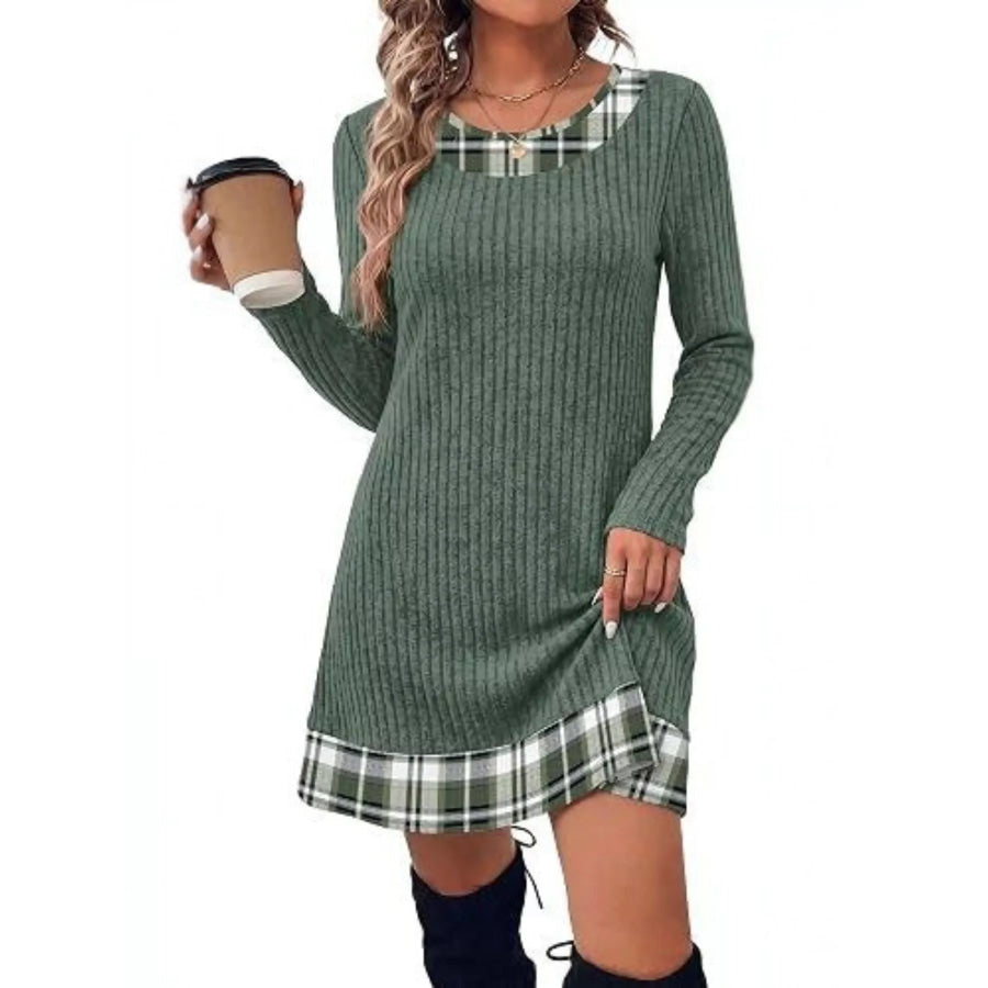 Ribbed Knit Sweater Dress with Plaid Trim Apparel and Accessories