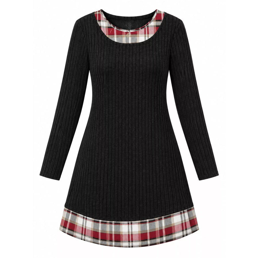 Ribbed Knit Sweater Dress with Plaid Trim Apparel and Accessories