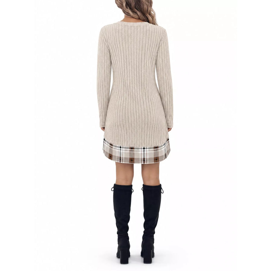 Ribbed Knit Sweater Dress with Plaid Trim Apparel and Accessories