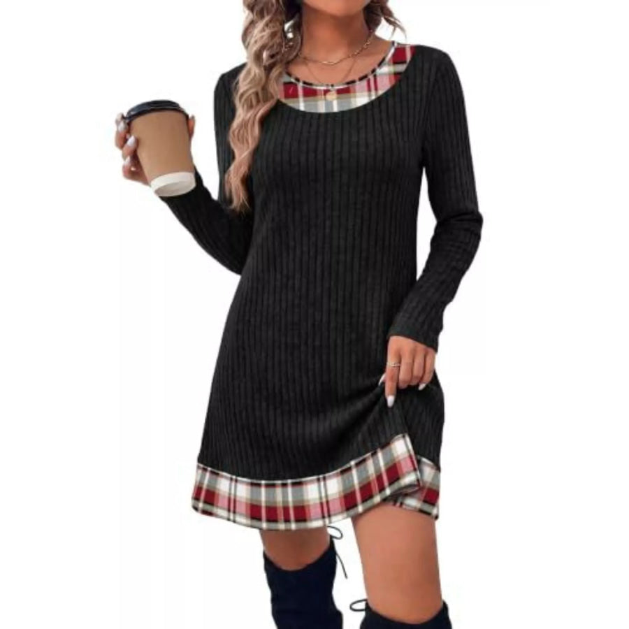 Ribbed Knit Sweater Dress with Plaid Trim Apparel and Accessories