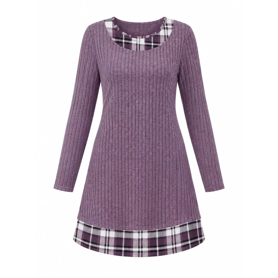 Ribbed Knit Sweater Dress with Plaid Trim Apparel and Accessories
