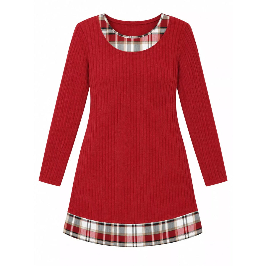 Ribbed Knit Sweater Dress with Plaid Trim Apparel and Accessories