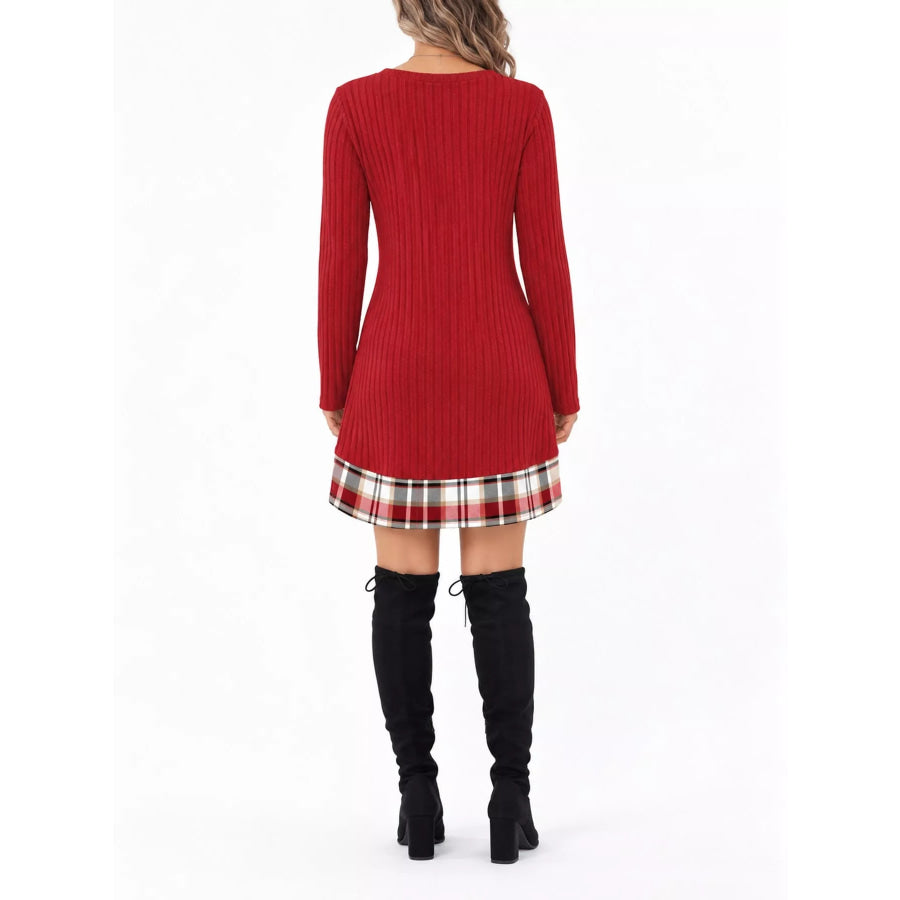 Ribbed Knit Sweater Dress with Plaid Trim Apparel and Accessories