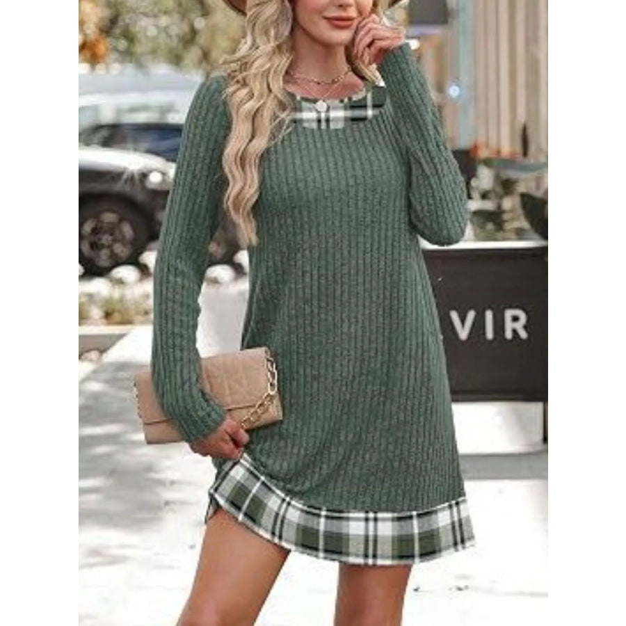 Ribbed Knit Sweater Dress with Plaid Trim Apparel and Accessories