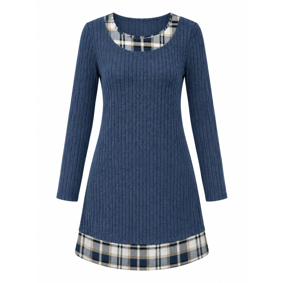 Ribbed Knit Sweater Dress with Plaid Trim Apparel and Accessories