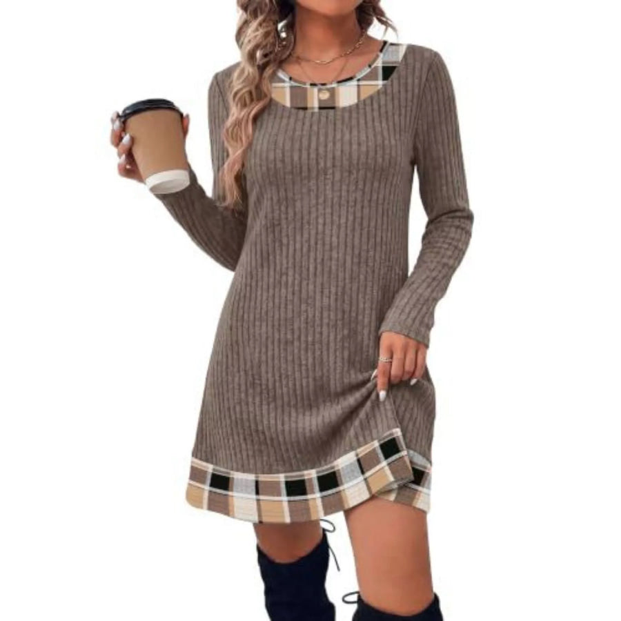 Ribbed Knit Sweater Dress with Plaid Trim Camel / S Apparel and Accessories
