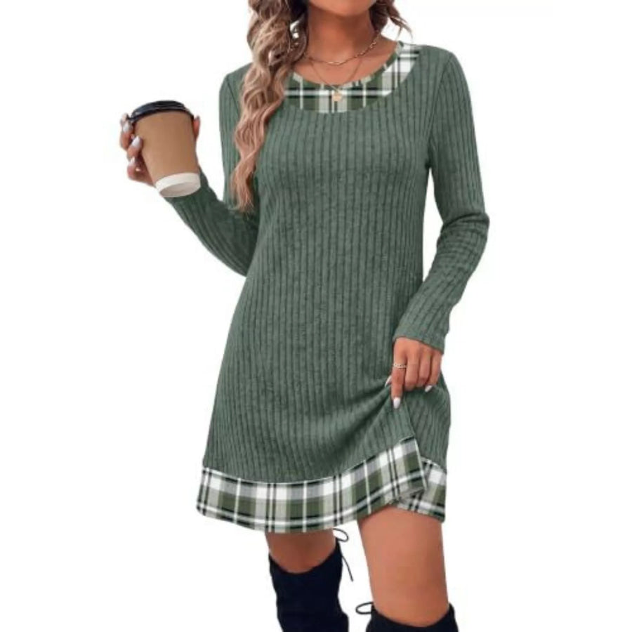 Ribbed Knit Sweater Dress with Plaid Trim Green / S Apparel and Accessories