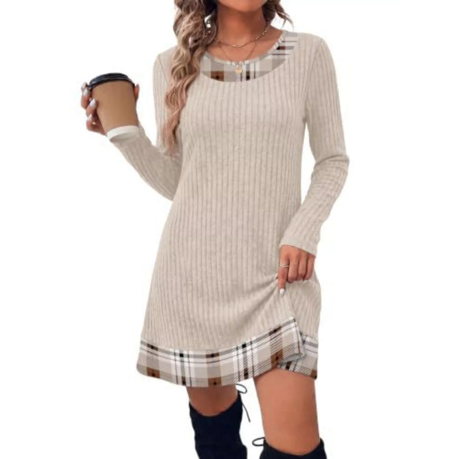 Ribbed Knit Sweater Dress with Plaid Trim Khaki / S Apparel and Accessories