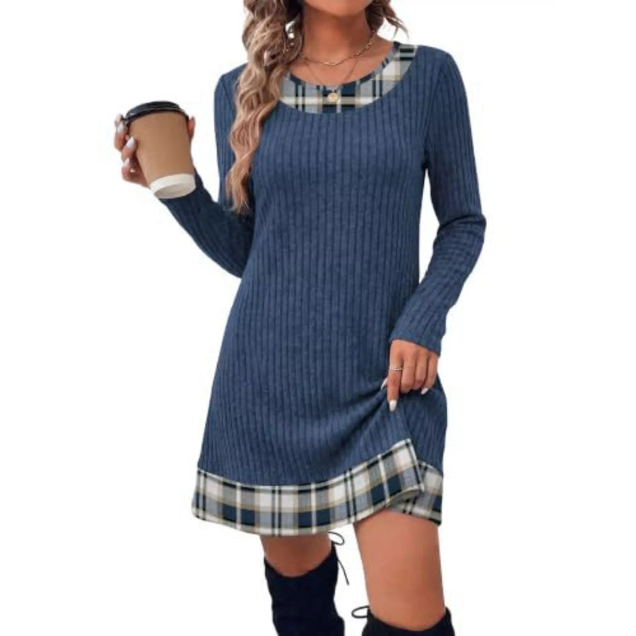 Ribbed Knit Sweater Dress with Plaid Trim Navy / S Apparel and Accessories