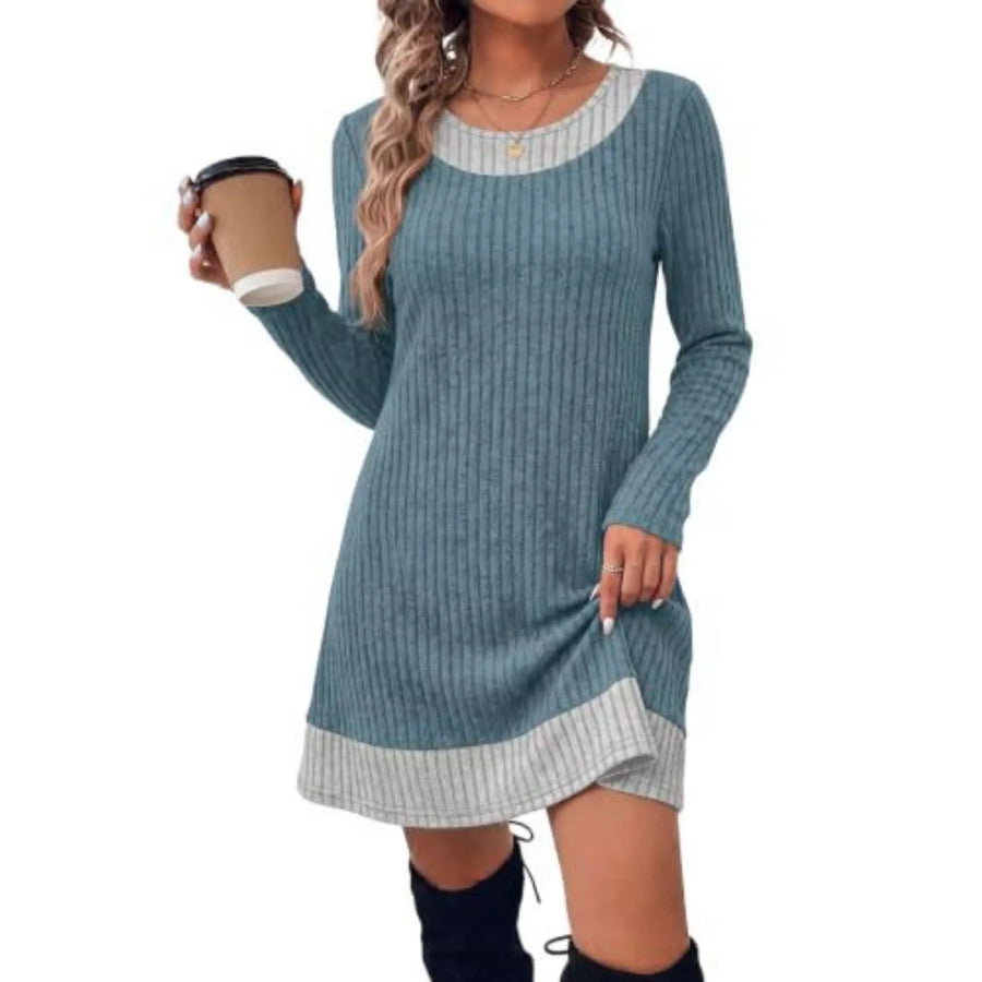 Ribbed Knit Sweater Dress with Plaid Trim Peacock Blue / S Apparel and Accessories