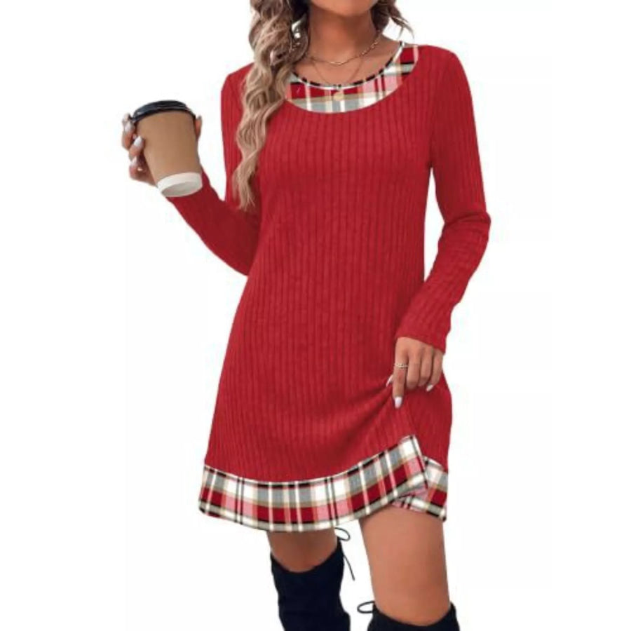 Ribbed Knit Sweater Dress with Plaid Trim Red / S Apparel and Accessories