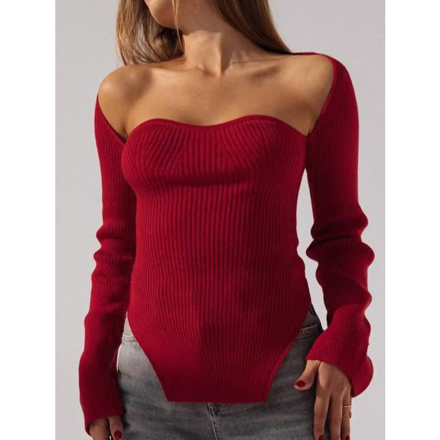 Ribbed Knit Sweetheart Neckline Sweater Apparel and Accessories