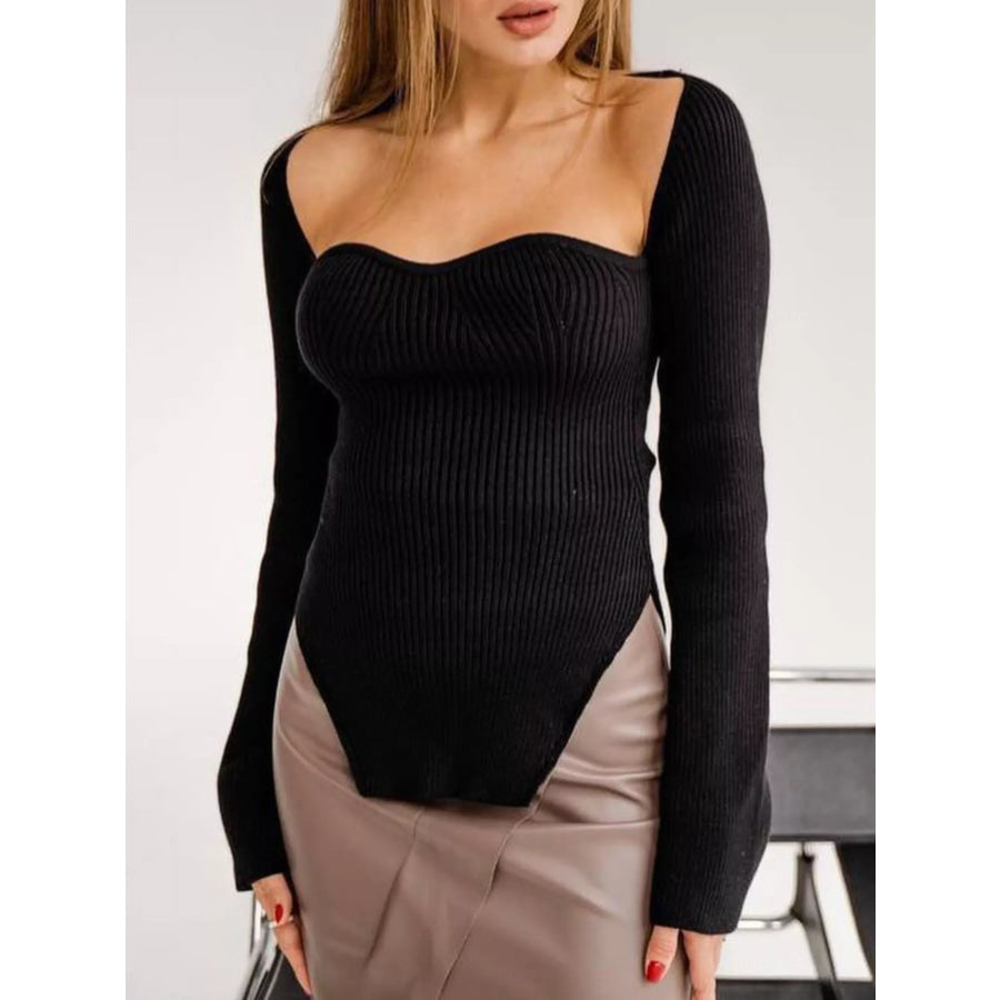 Ribbed Knit Sweetheart Neckline Sweater Black / S Apparel and Accessories