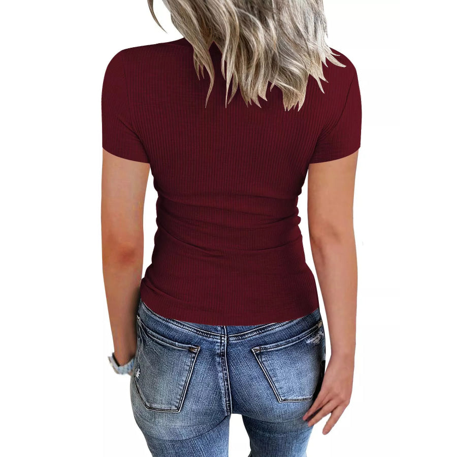 Ribbed Knit T-Shirt with Button Detail Apparel and Accessories
