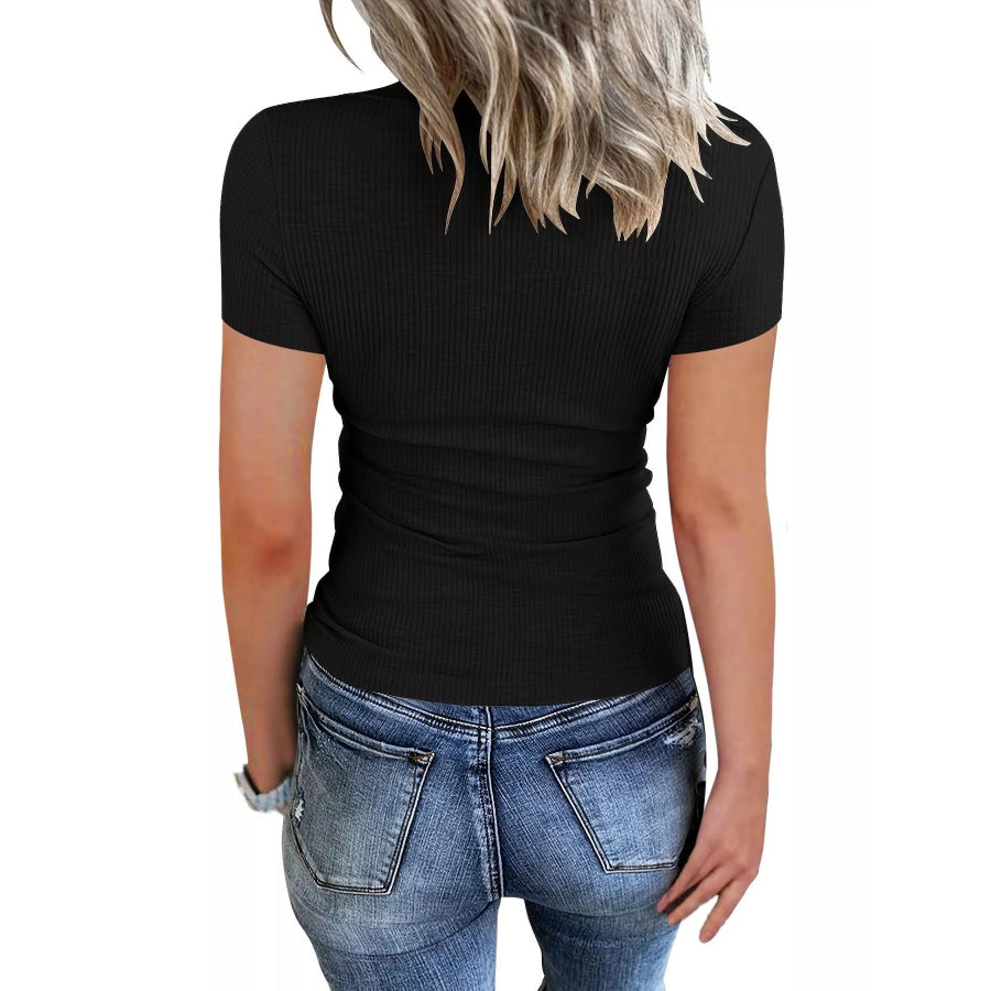 Ribbed Knit T-Shirt with Button Detail Apparel and Accessories